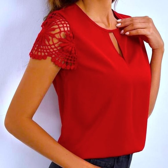 Women's - Keyhole Blouse with Lace Shoulders - XS - Red - Picture 1 of 5